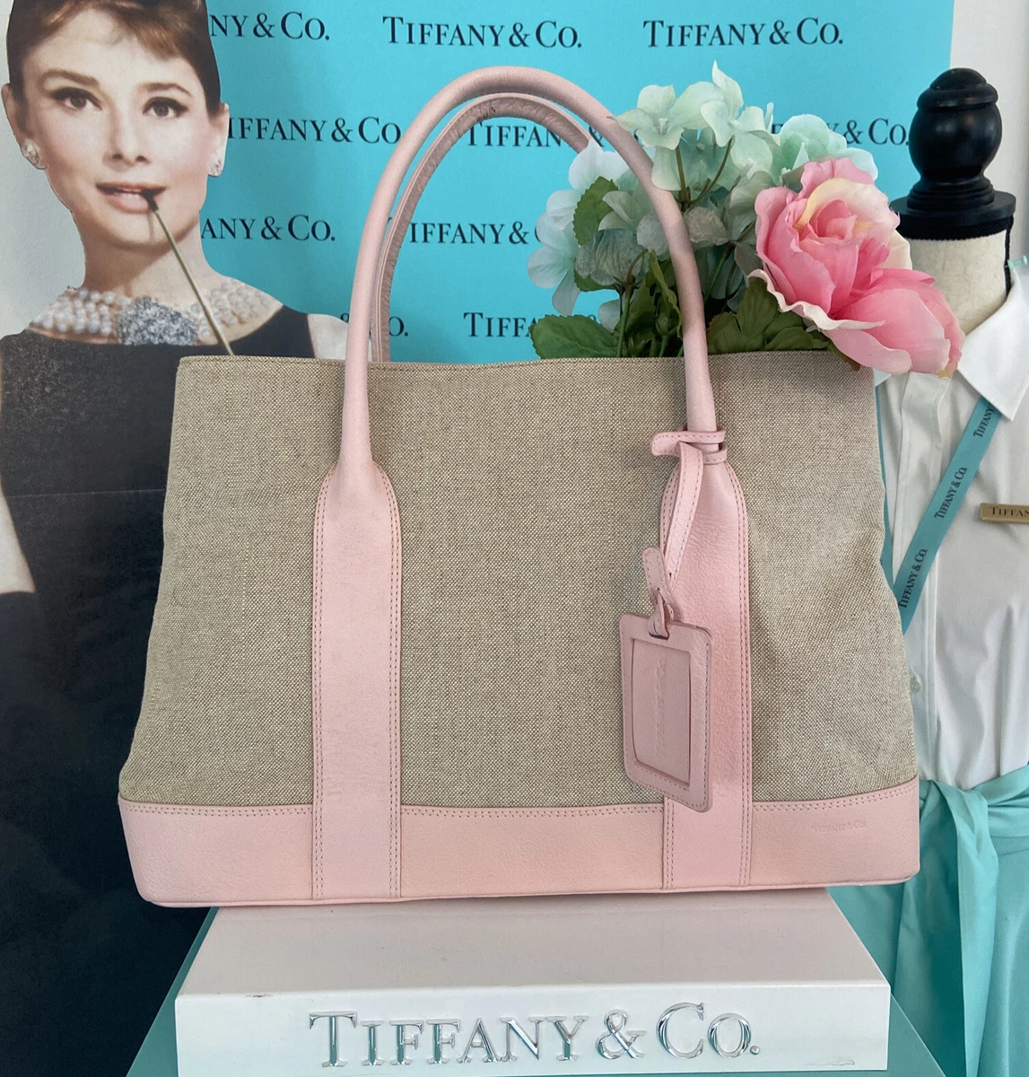 Tiffany Co Beige Pink Purse Tote Canvas Leather 10.25 x15 x6.5 ID