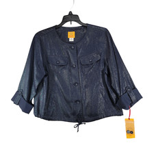 Ruby Rd Womens Blue Metallic Button up Jacket 3/4 Roll Tab Sleeve SZ 12P NWT