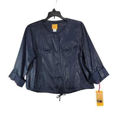 Ruby Rd Womens Blue Metallic Button up Jacket 3/4 Roll Tab Sleeve SZ 12P NWT