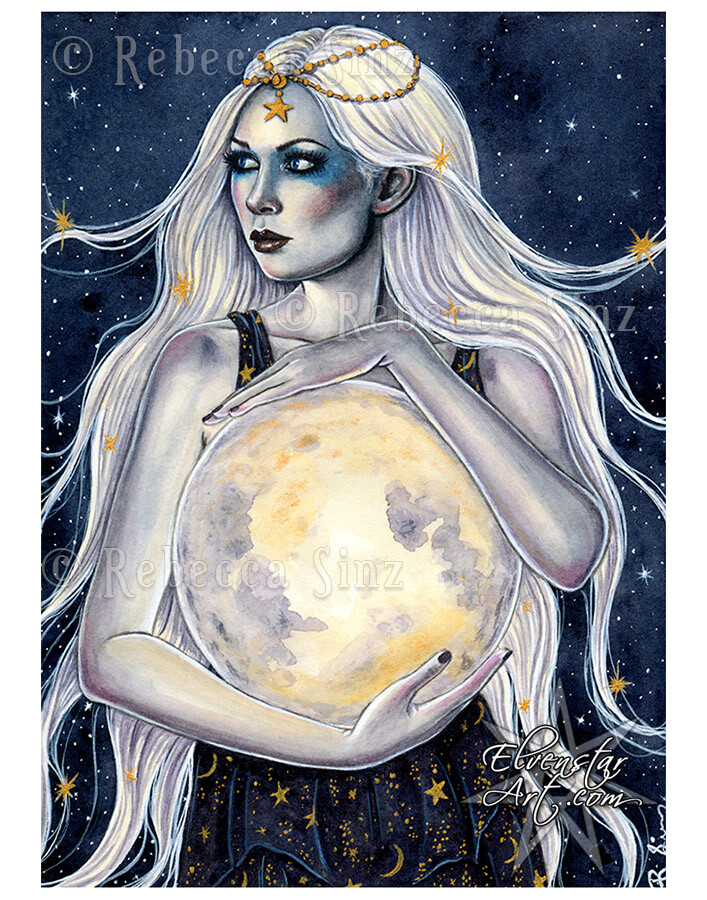 Fantasy Art PRINT Moon Goddess Stars Celestial Night Sky Woman Blue ...