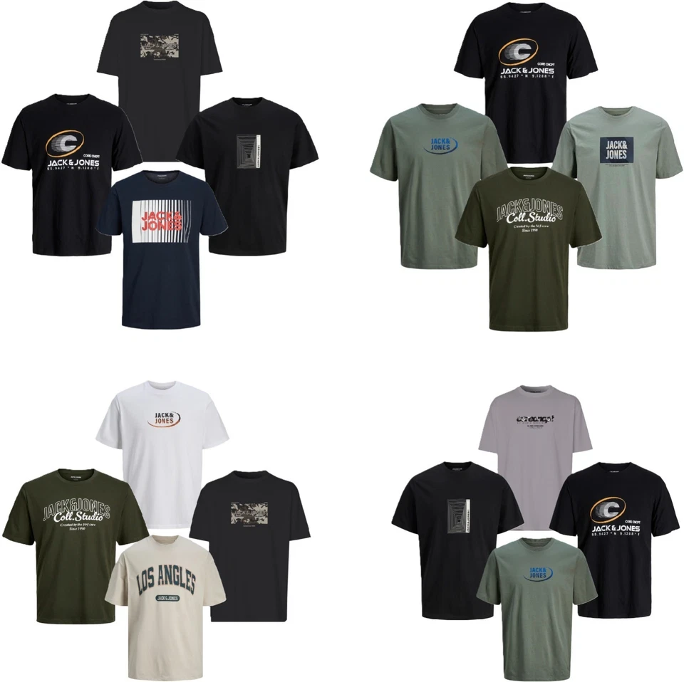 Jack Jones Herren T-Shirt 4er Pack O-Neck Tee Rundhals Marken Männer T Shirt