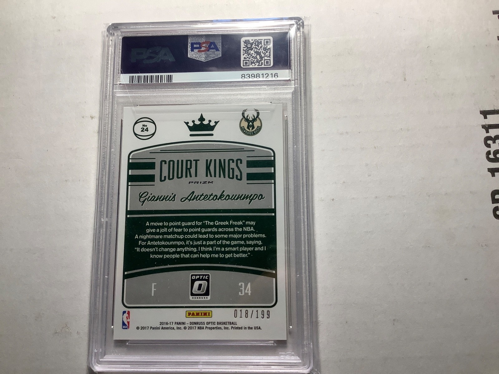 2016 Giannis Antetokounmpo Optic Court Kings Orange Prizm /199 PSA Gem mint 10 view 2