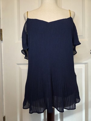 Michael Kors Petite Blouse M Navy Flutter Sleeve Metal Flowy Club Going Out Top
