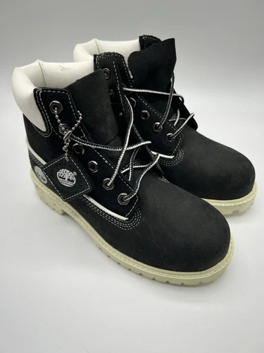 Timberland, 6 Inch, Leather Black & White Lace Up Boots, Size 1M