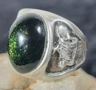 Vintage Sterling Silver Ring Green Glitter Cabochon Nautical Ship Detail Size V
