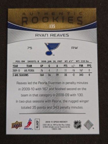 Gioco SP 2010-11 Edizione Usato Autentico Rookies /699 Ryan Reaves #135 Rookie RC - Foto 3 di 3