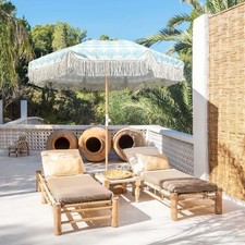 6ft Patio Umbrella with Fringe UPF 50 Portable Beach Umbrella Foldable Table