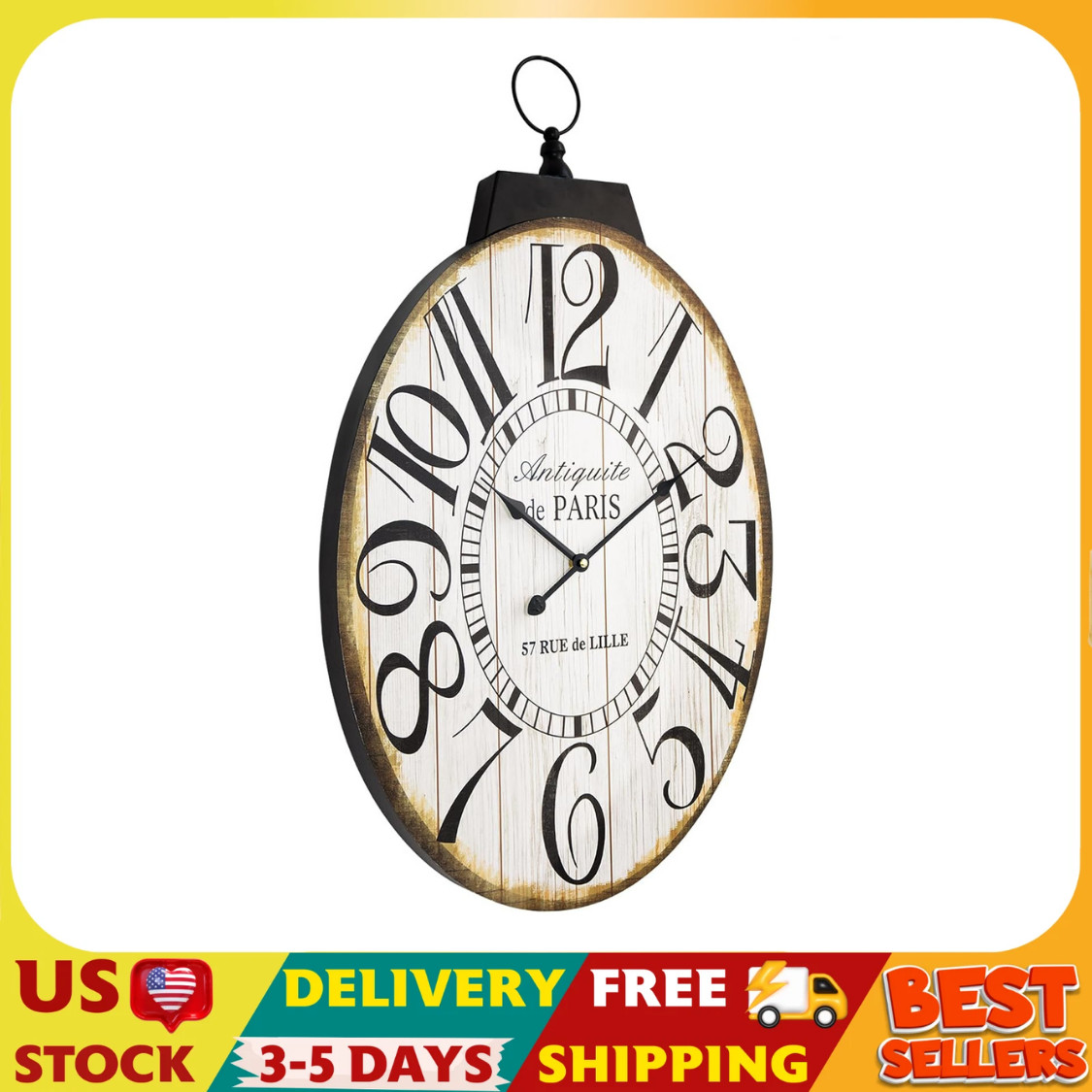 Large Wall Clocks, 29 Inch-High Oversized Oval French Vintage Farmhouse Design,