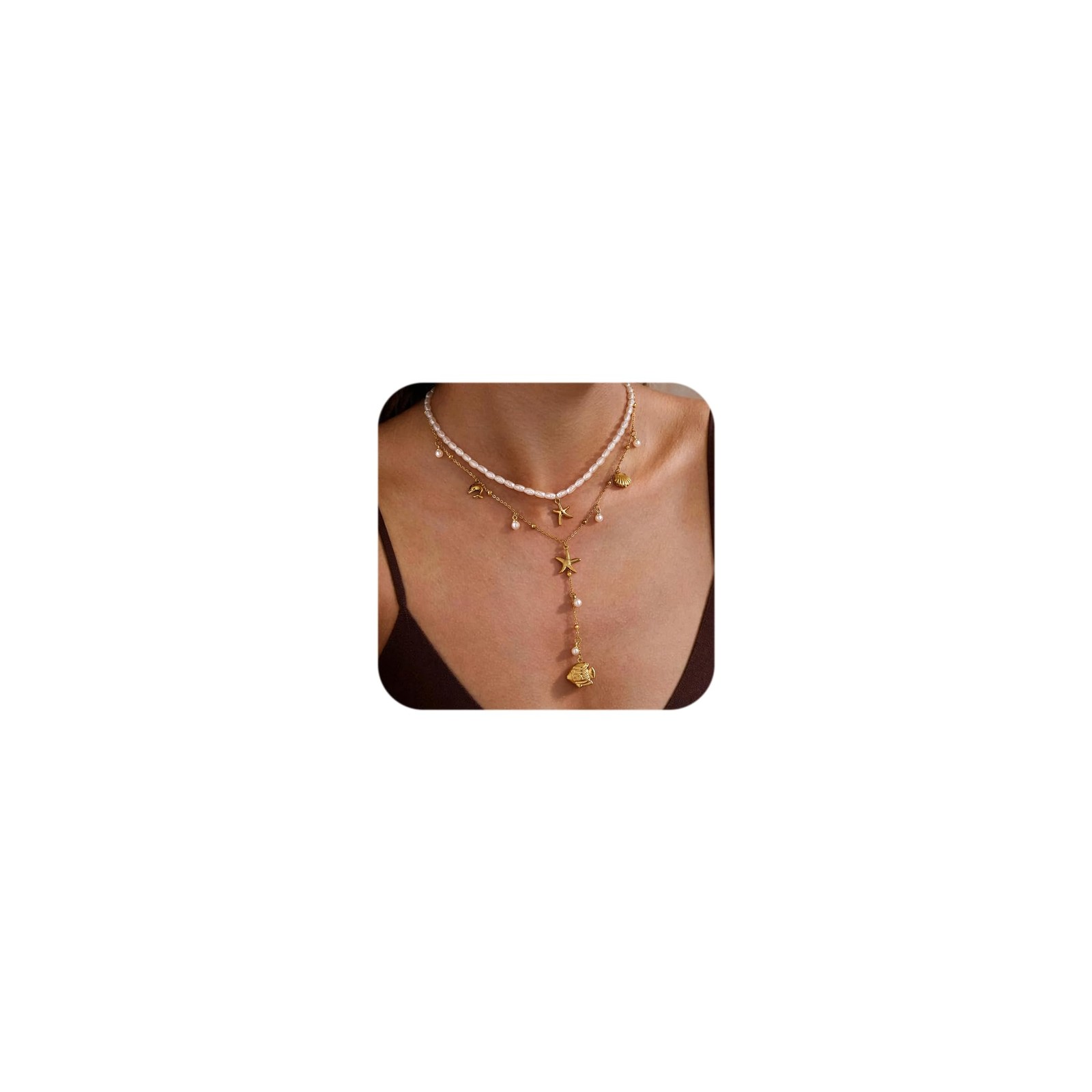 Shell Charm Necklace For Women Stack Seashell Pearl Dainty Starfish Beach Lay...