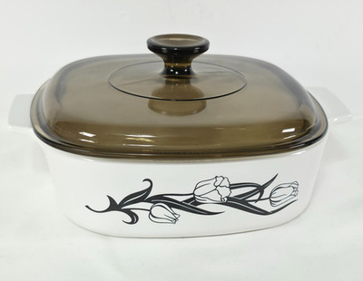 CorningWare A-2-B Black Tulip 2L Casserole Pyrex Lid 8.5'' Vintage Bakeware