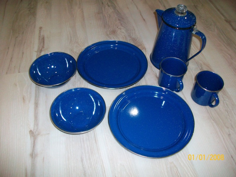 Vintage Blue Speckled Enamelware Porcelain Coffee Pot Plates Cups Bowls Camping