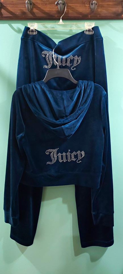 Juicy Couture Women’s Blue Velour 2pc Tracksuit Hoodie Pants Zip Pockets L