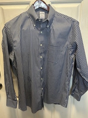 Brooks Brothers Regent Fit Shirt 16.5 34 Blue Gingham Check Supima Cotton