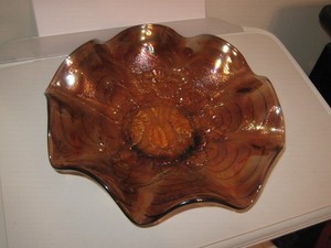 Vintage 9" Carnival Glass Ruffled Bowl Iridescent Marigold Pansy & Arcs
