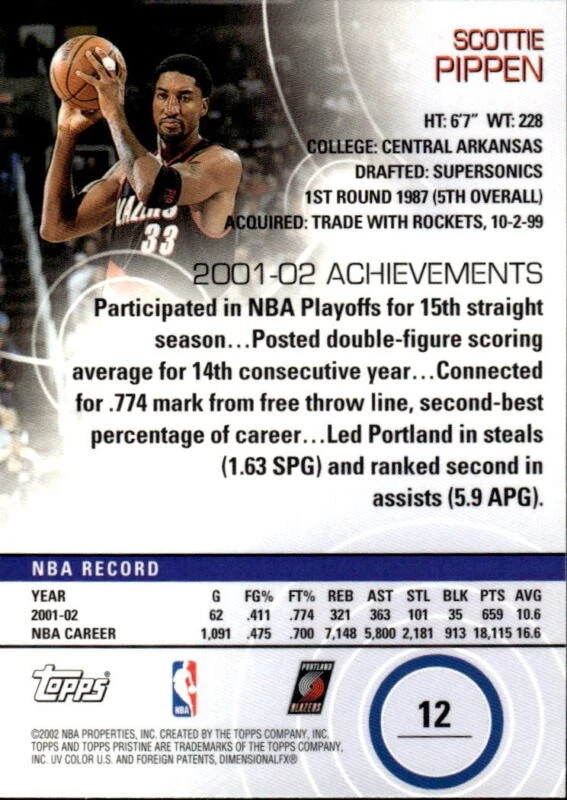 2002 TOPPS PRISTINE SCOTTIE PIPPEN 12 MINT BASKETBALL PORTLAND TRAIL BLAZERS - Image 2 of 2