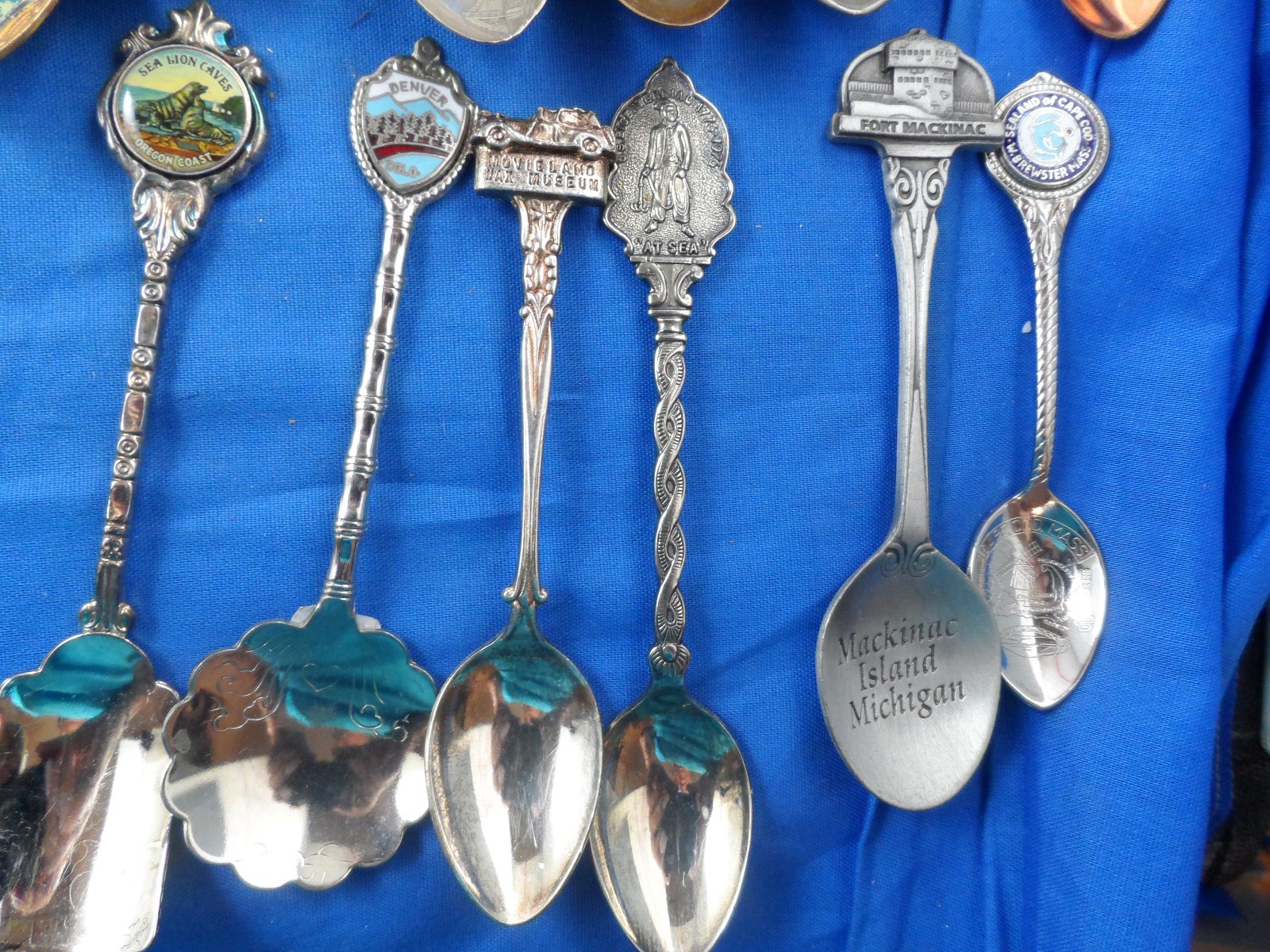 Fresh Souvenir Spoon Lot of 28 -Enamel Bowl, Silverplate, Pewter, Copper, Nice