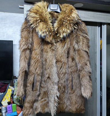 Vintage Luxury genuine classic Racoon fur brown gray Shawl collar jacket 7 S 36
