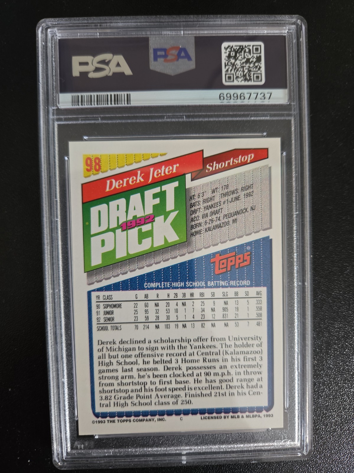 1993 Topps Derek Jeter Rookie Card #98 NY Yankees PSA 9 Mint - Legend view 2