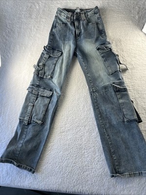 Forever 21 Premium Light Blue Wide Leg Cargo Jeans Womens 24 High Rise Y2K 90s