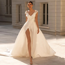 V Neck Satin A Line Wedding Dresses Lace Appliques Cap Sleeve Boho Wedding Gown