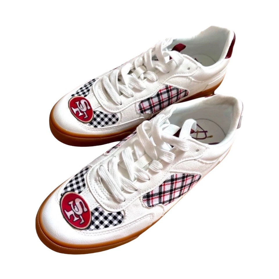 San Francisco 49ers White Sneakers With Plaid TRIM- Unique And 1of 1. Women’s  9 - Image 2 of 4