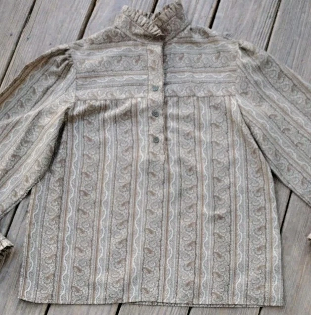 Blusa grande vintage estilo pradera con volantes cuello alto marrón estampado cachemir Foto 3 de 4