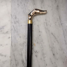Victorian Black Wooden Shaft Brass Greyhound Dog Head Handle Walking Stick Cane