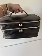 Lancome Large Black /Gray Soft Train Case Zip Makeup Cosmetic Bag Organizer Vtg