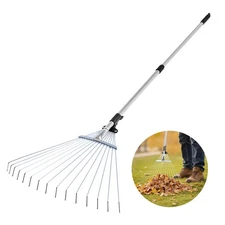 VEVOR Leaf Rake Steel Garden Rake 15-Tine with 32-63 Inch Adjustable Long Handle