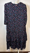 Vtg 80s Secretary Dress Sz 14 Polka Dot Ruffle Sh. Pads Skirt Midi Length