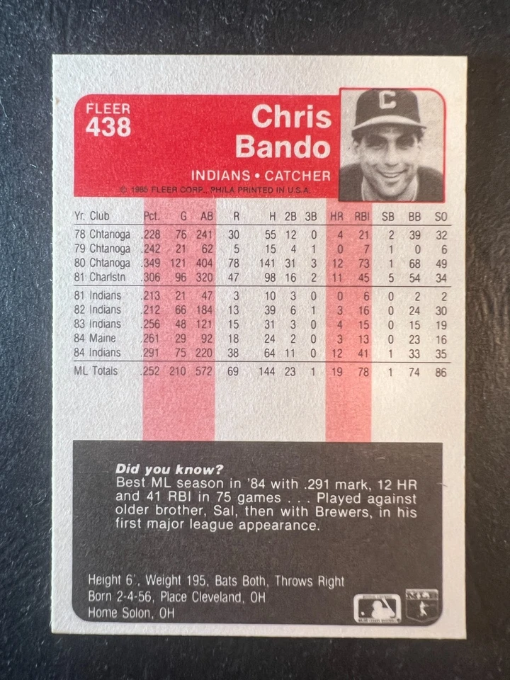 1985 Fleer Chris Bando #438 signed autograph - 50% off 5 or more under $5 - Image 2 of 2