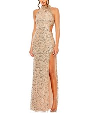 Mac Duggal Side Cut Out High-Neck Sequin Gown Women's Gold 10