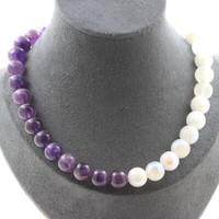 Steine Und Mineralien. Halskette Perlen Amethyst 10 Mm + Mondstein 10 Mm. Cha
