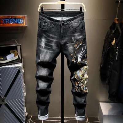 Men Dragon Trend Embroidery Jeans Stretchable Fit Fashion Tight Pants Trousers