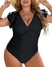 NWT~ Blooming Jelly sz XXL Black one pc Swimsuit women's V neck Ruffle Retro F31
