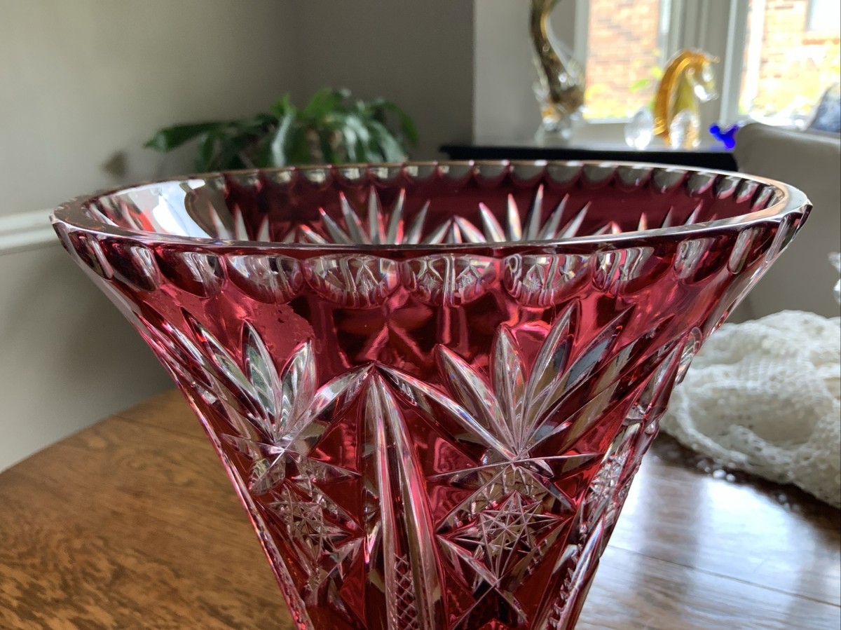 GERMAN BLEIKRISTALL CRANBERRY RED CUT/CLEAR 24% LEAD CRYSTAL VASE