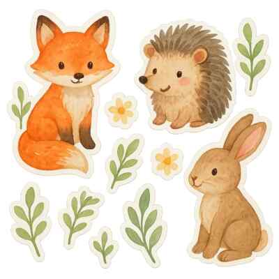 Forest Animals Sticker Set Fox Bunny Hedgehog Decal Watercolor Nature Nursery Decor