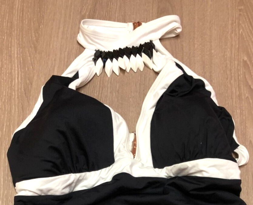 Figleaves Swimsuit UK26 Black/White Padded Plunge Choker Halterneck New + Tags image 3