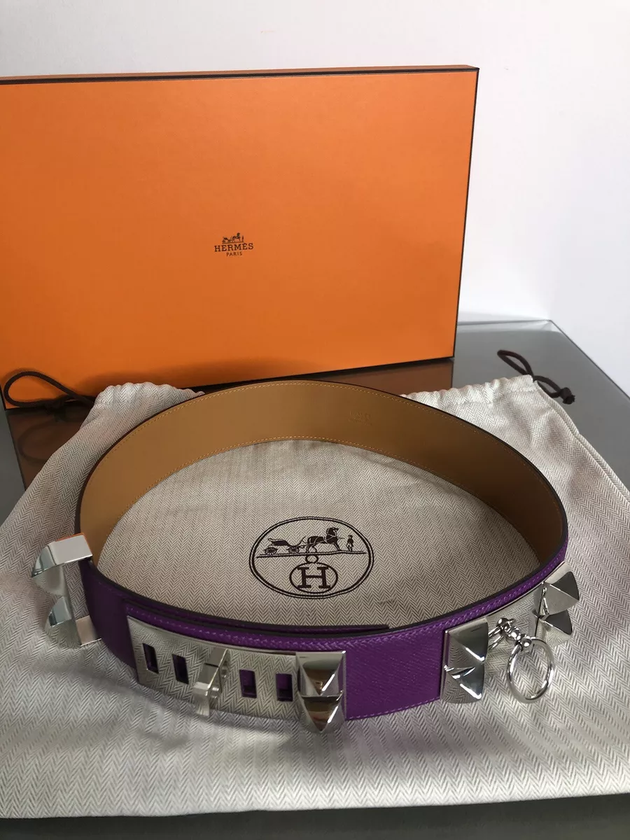 New Hermes Silver CDC Purple Anemone Collier De Chien Bangle Belt Size 75  Epsom