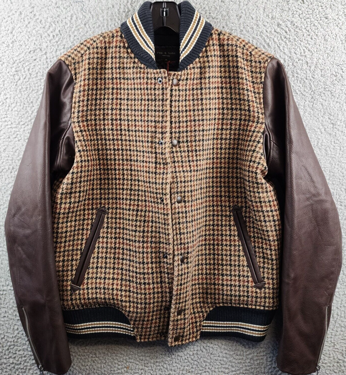 ジャケット・アウター Houndstooth Wool Jacket chocolate 38 Rag & Bone Harris Tweed Houndstooth Wool Varsity Jacket Mens