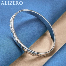 ALIZERO 925 Sterling Silver Rose Flower Bangle Bracelet Fashion Women Jewelry