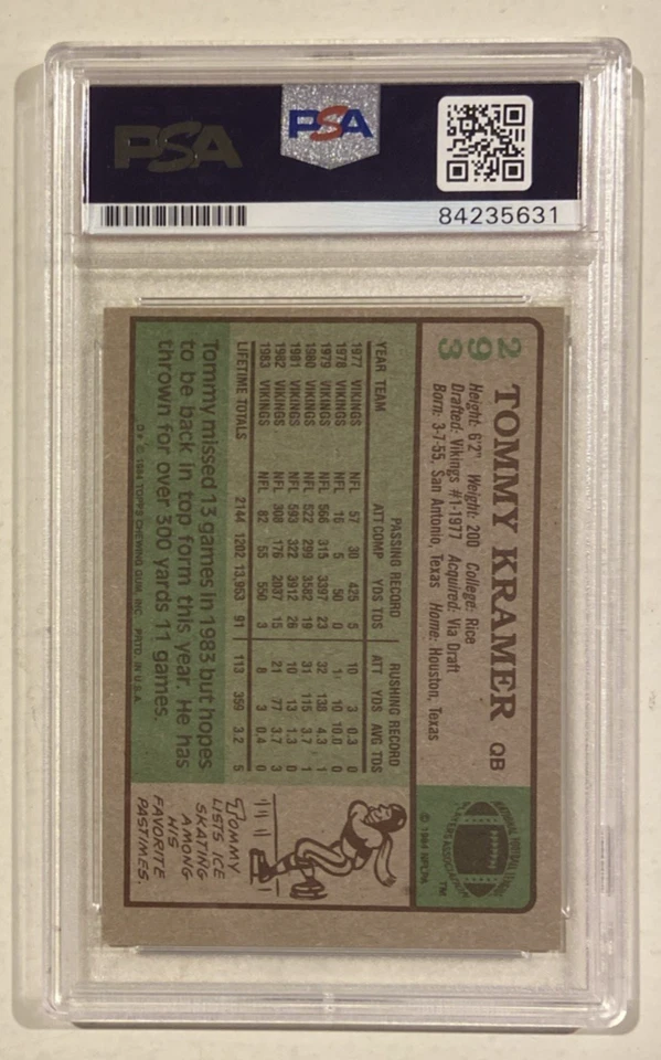 Tarjeta de fútbol americano firmada por Tommy Kramer 1984 Topps #293 con certificación PSA/DNA arroz automático Foto 2 de 4
