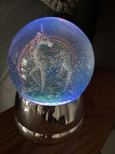 Unicorn Rainbow Snow Globe Lights Up Green and Silver Glitter Silver Base 6 " - Picture 8 of 10