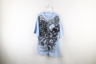 Vintage Streetwear Mens 3XL Faded Cross Rose Skull MMA Fighting T-Shirt Blue