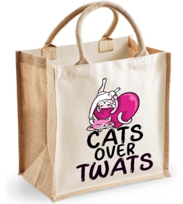 Cats Over Twats Midi Jute Shopper Canvas Tasche urkomisch frech Katze Brotzeittasche Geschenk