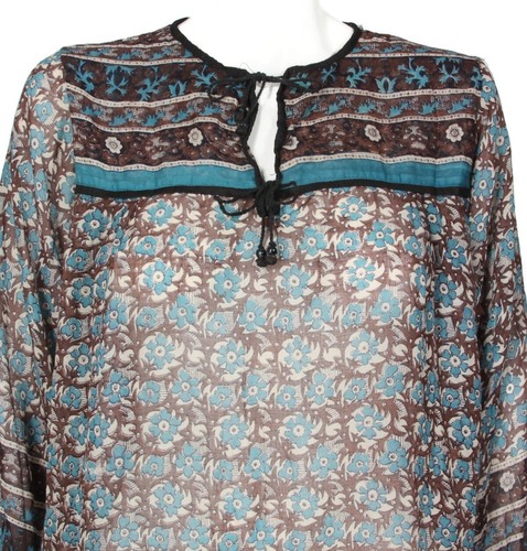 Vintage 1970s MEL Indian Block Print Blue Floral Brown Semi Sheer Dress M/L /172 - Picture 3 of 6