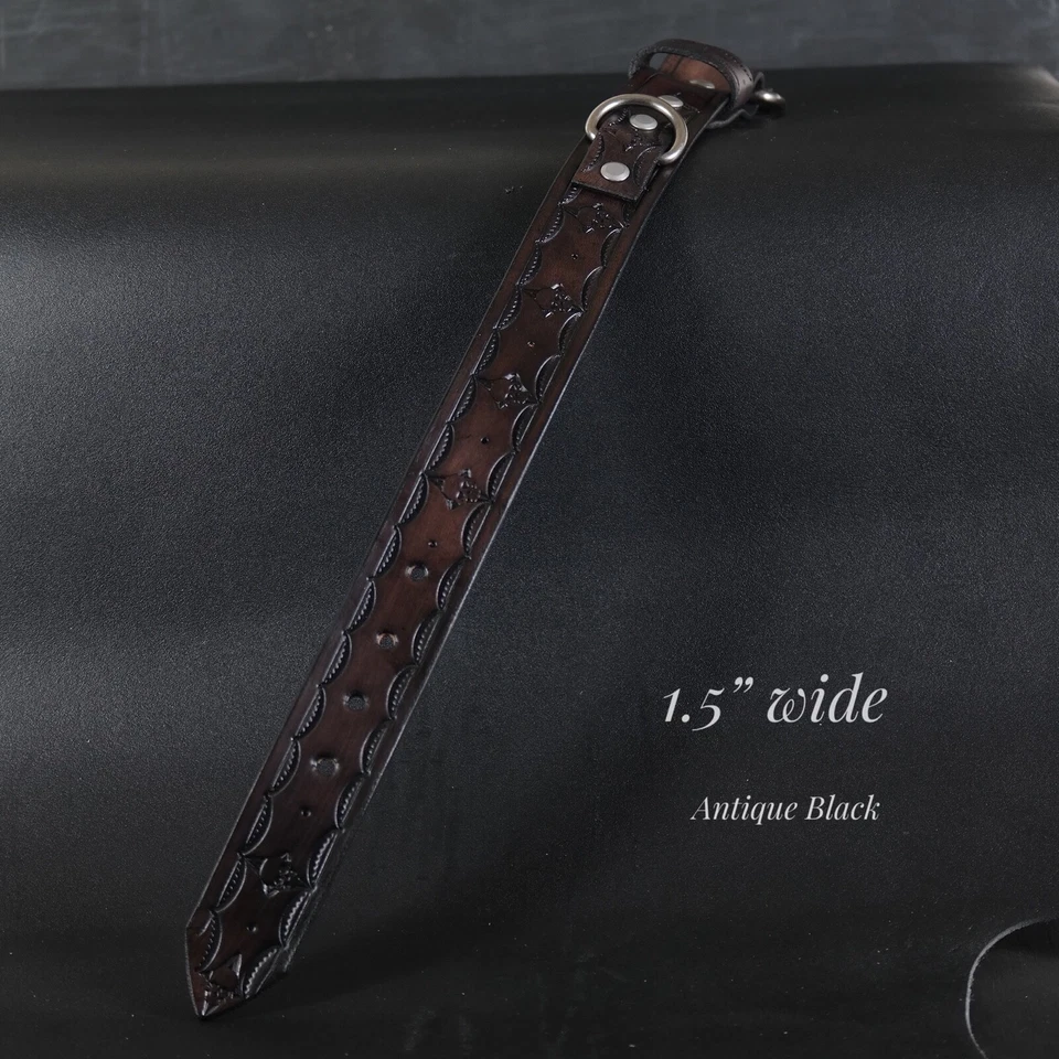 Кожаный ошейник для собаки ручной работы. Ширина 1,5 дюйма. Дизайн черепов. Старый черный - Изображение 4 из 4