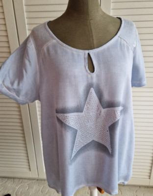Kurzarm Flatter Sommer Bluse Shirt - Blau mit Glitzersteinchen - Gr. M / evtl. L