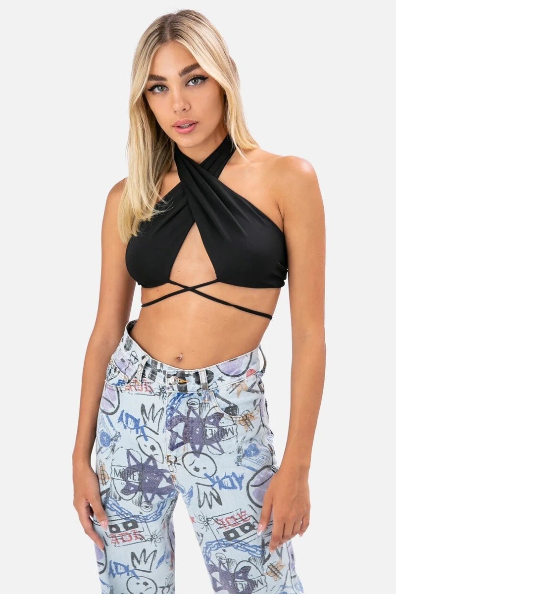 New Adika Womens Black Luka Cross Wrap Halter Top Size XS / S Sexy