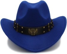 Blue Western Cowboy Cowgirl Hat, Revolver Gun Bullet Strap, Men Women Wide Brim